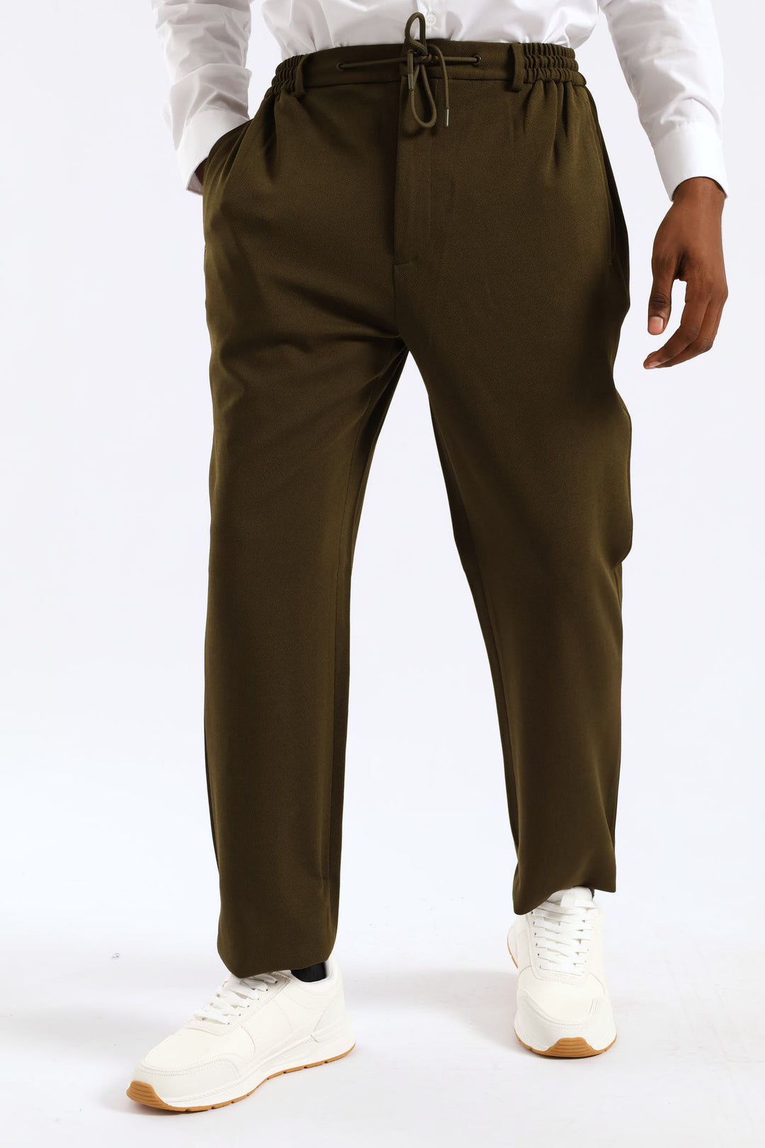 Textured Stretch Elasticated Trouser - Olive