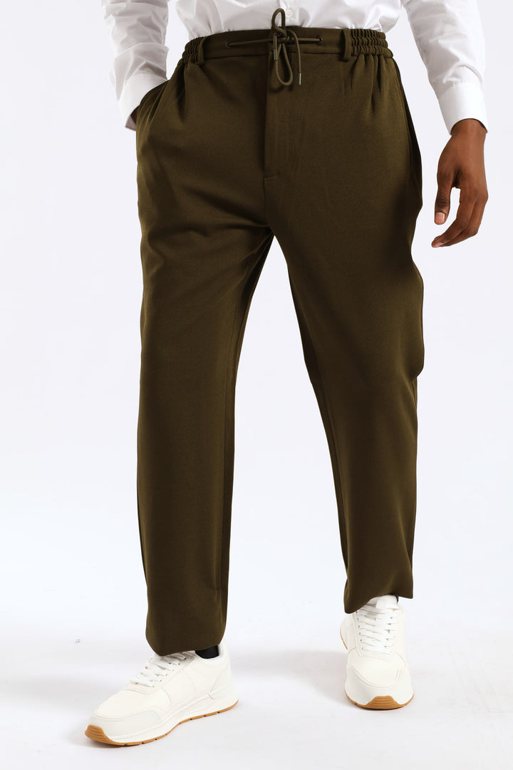 Textured Stretch Elasticated Trouser - Olive