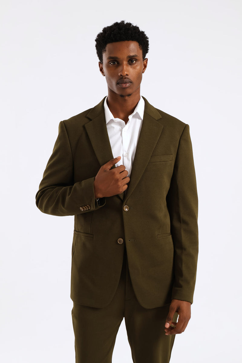 Textured Stretch Suit Jacket - Olive