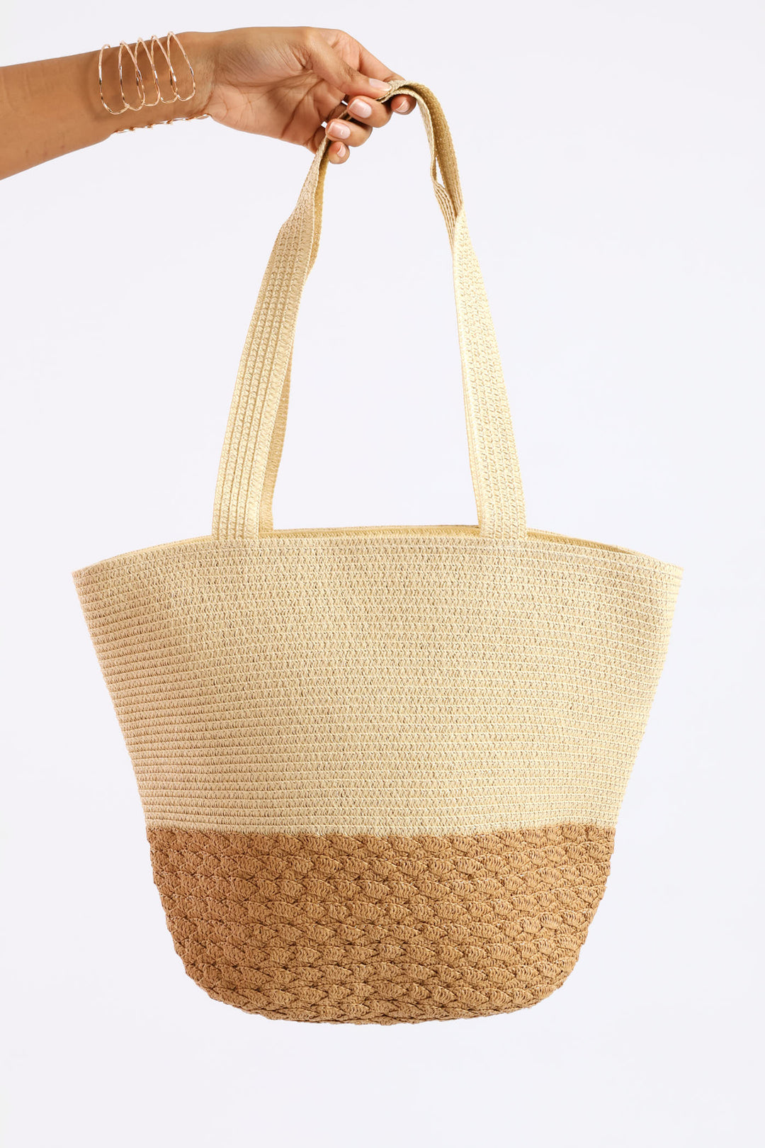 Colourblock Straw Shopper - Cream