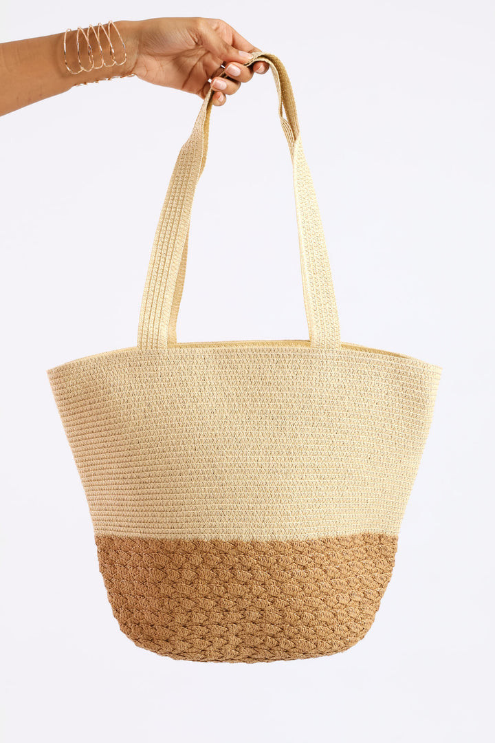 Colourblock Straw Shopper - Cream