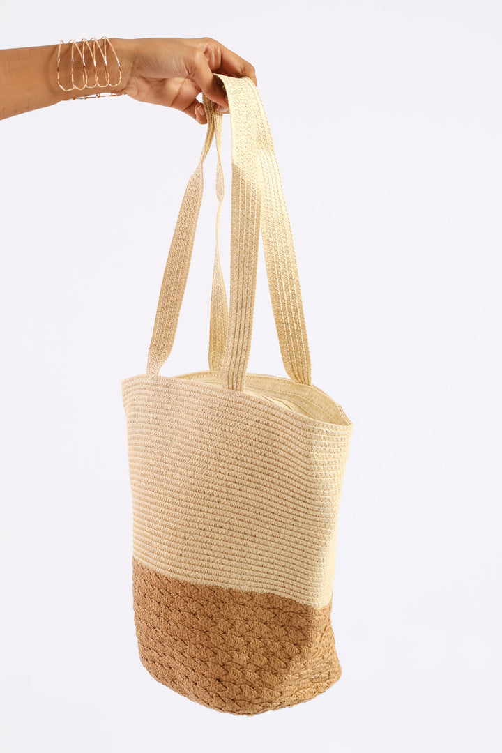 Colourblock Straw Shopper - Cream