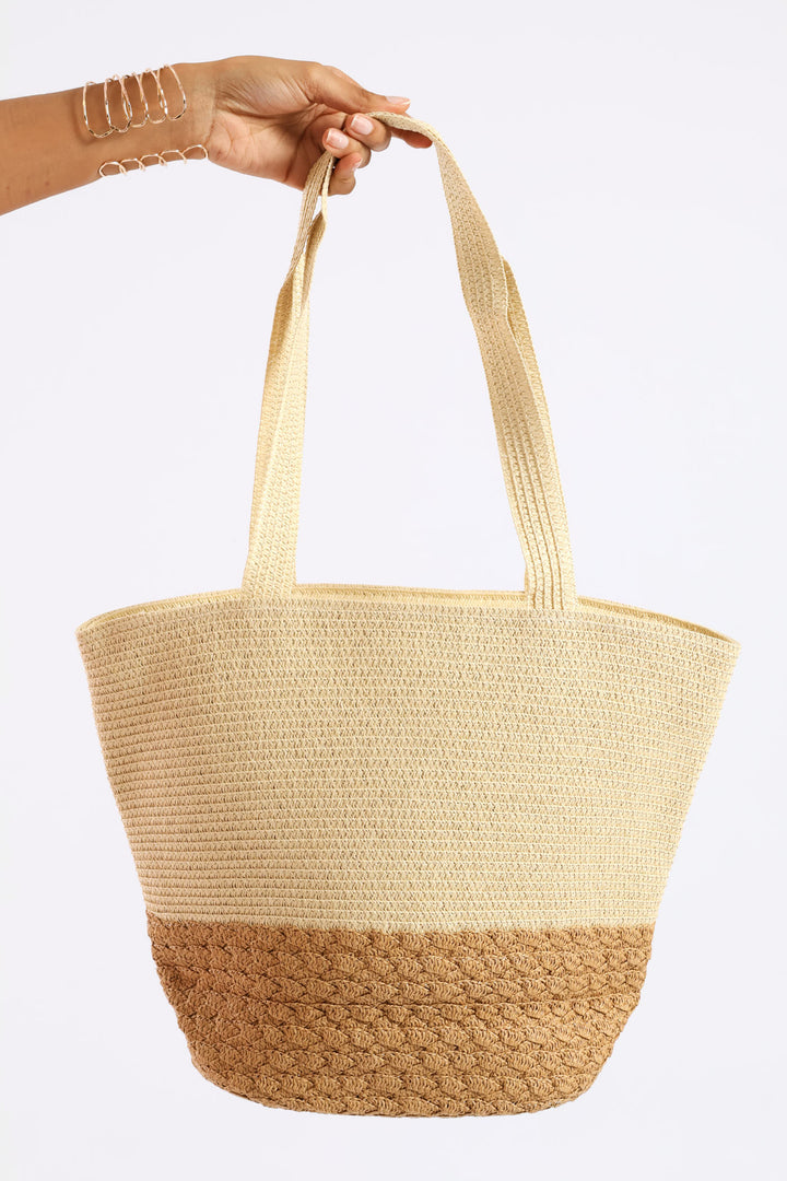 Colourblock Straw Shopper - Cream