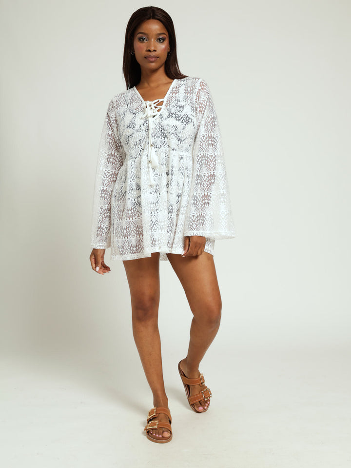 Long Sleeve Lace Mini Dress Cover Up - White