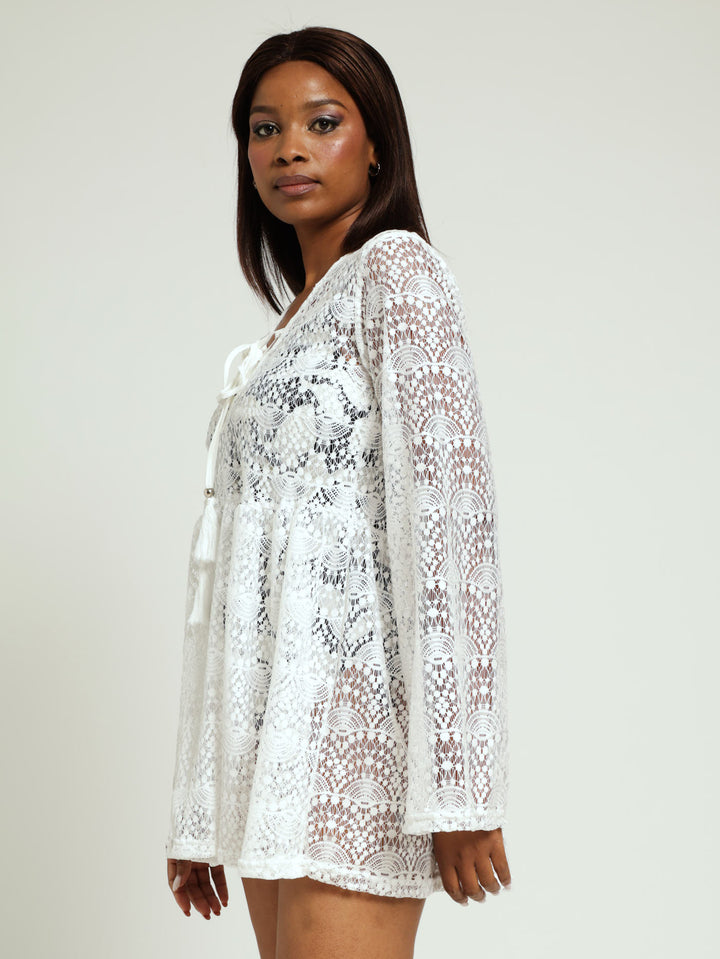 Long Sleeve Lace Mini Dress Cover Up - White