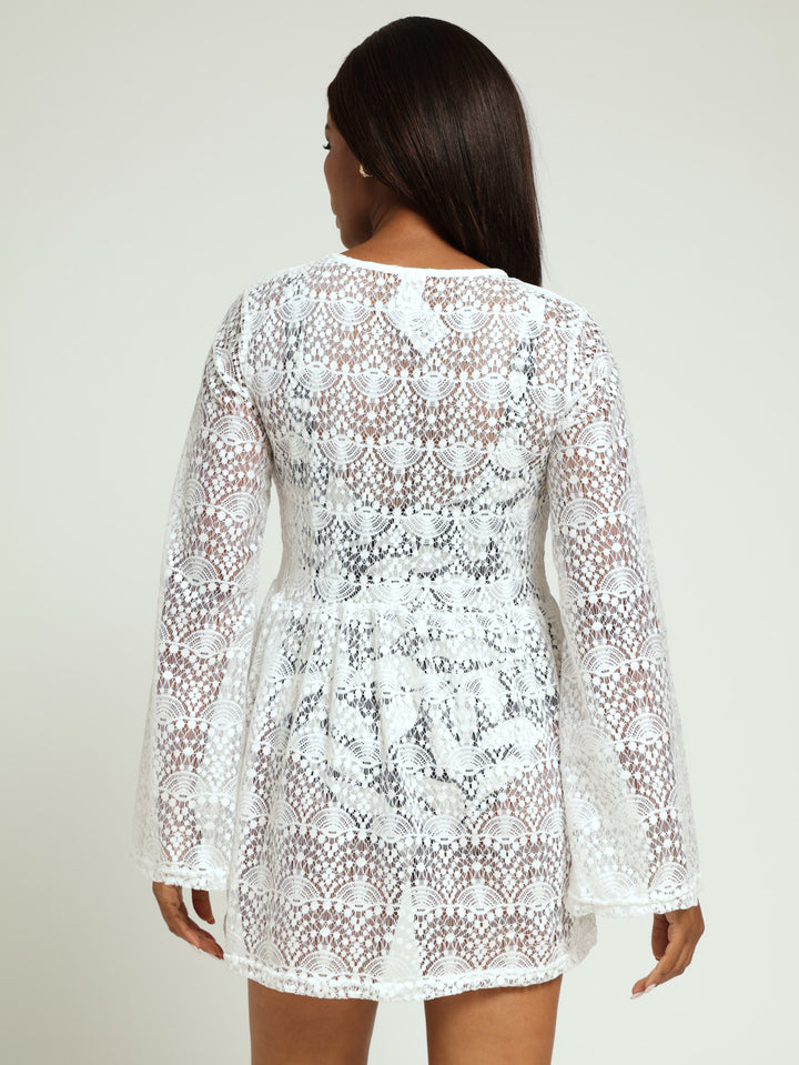 Long Sleeve Lace Mini Dress Cover Up - White