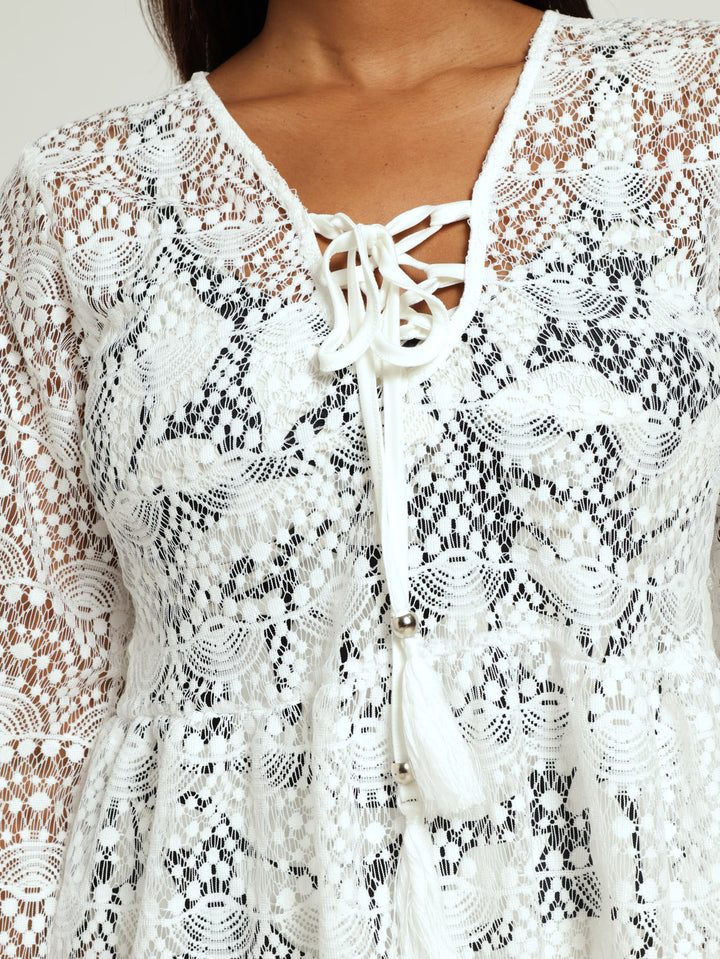Long Sleeve Lace Mini Dress Cover Up - White