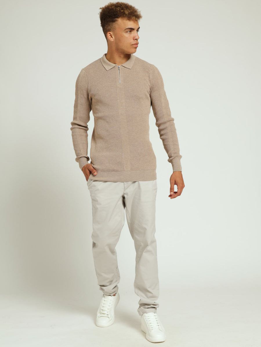 Long Sleeve Zip Rib Muscle Knitwear Stone Edgars