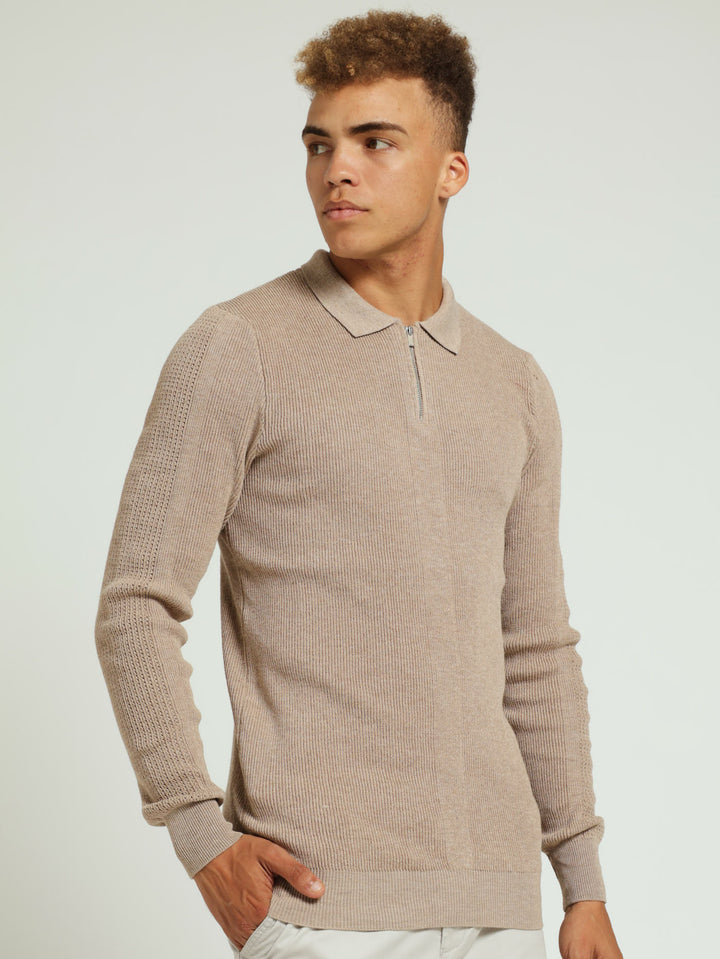 Long Sleeve Zip Rib Muscle Knitwear Stone Edgars
