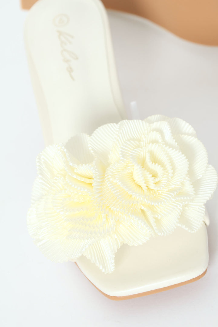 Plisse Flower Kitten Mule Heel - White