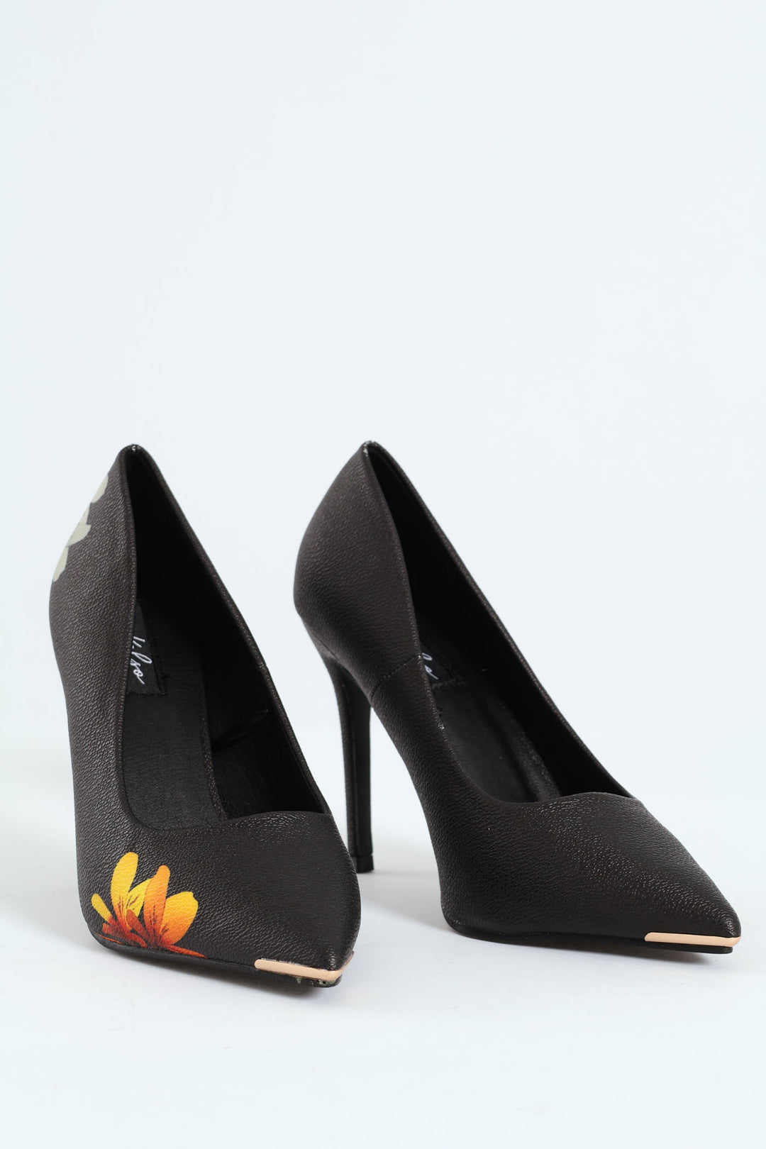 Black Base Floral Print Stiletto Heel - Black