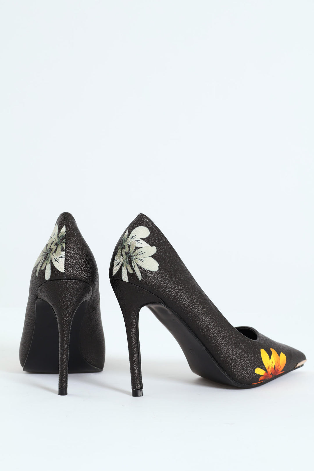 Black Base Floral Print Stiletto Heel - Black