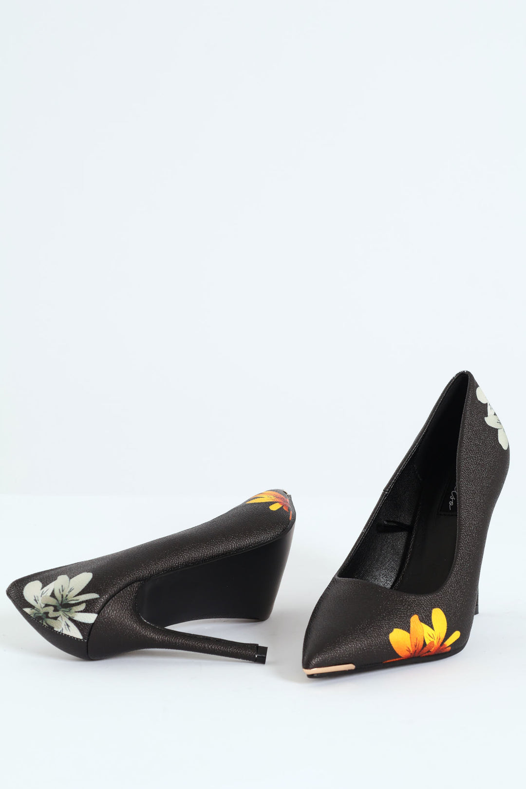 Black Base Floral Print Stiletto Heel - Black