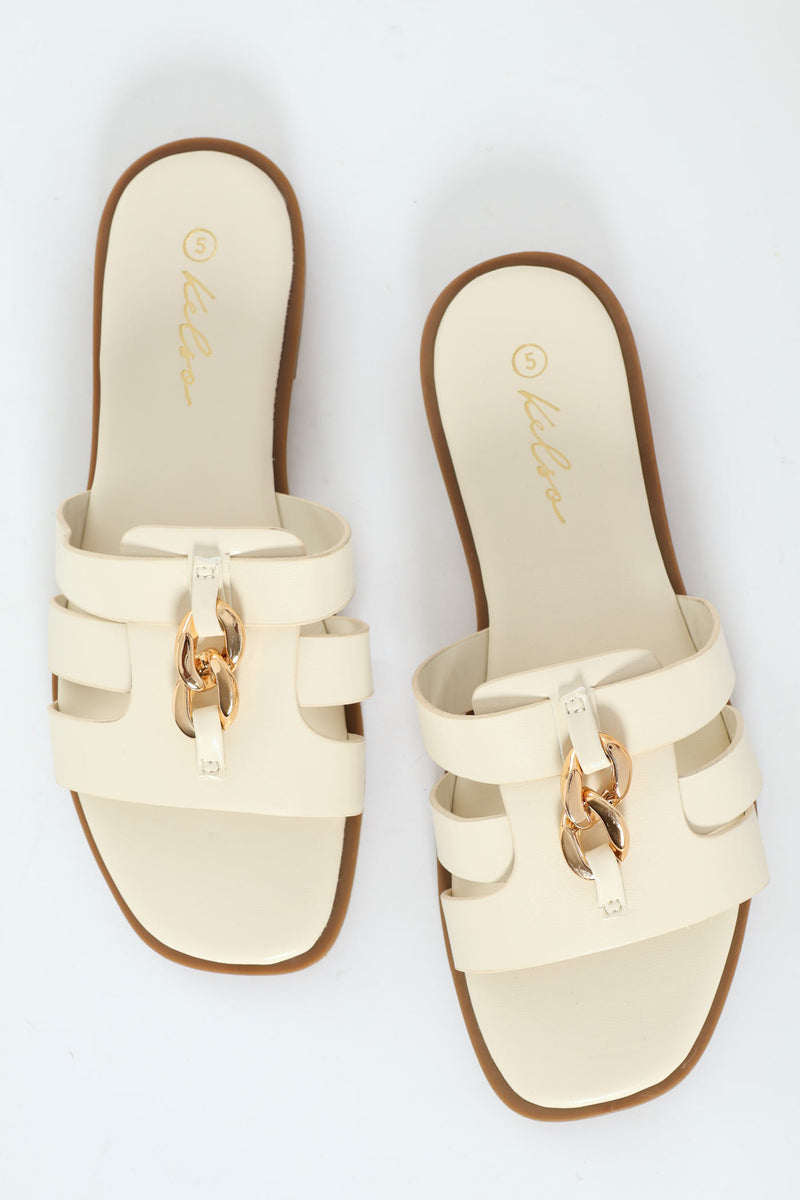 Square Toe Chain Mule Sandal - Off White