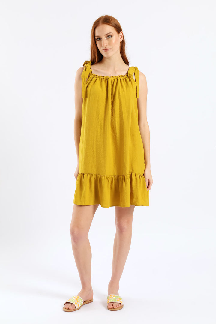 Shoulder Tie Frill Hem Mini Dress - Mustard