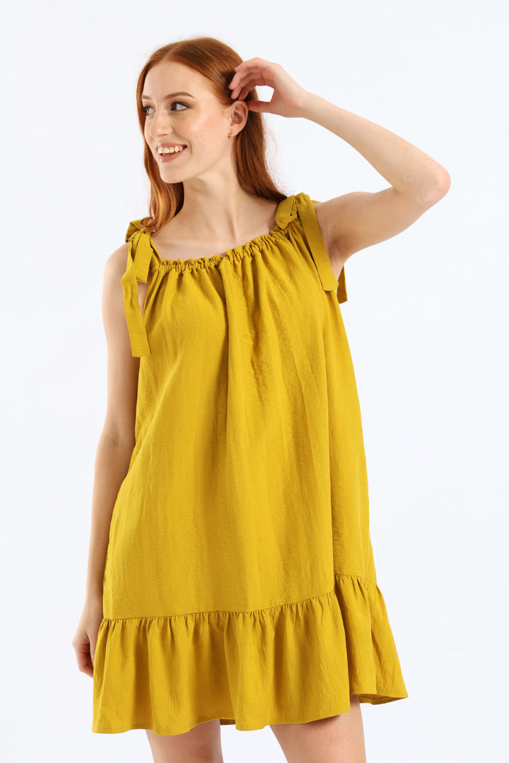 Shoulder Tie Frill Hem Mini Dress - Mustard