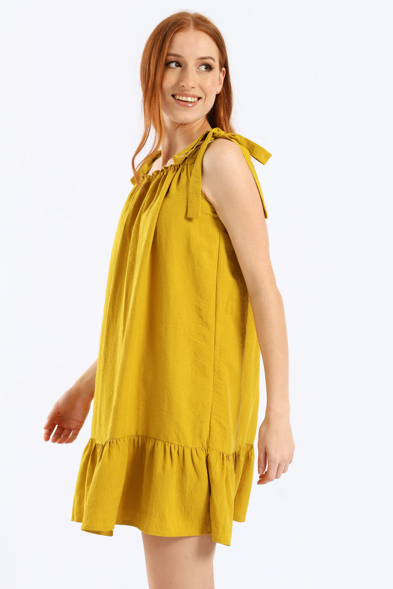 Shoulder Tie Frill Hem Mini Dress - Mustard