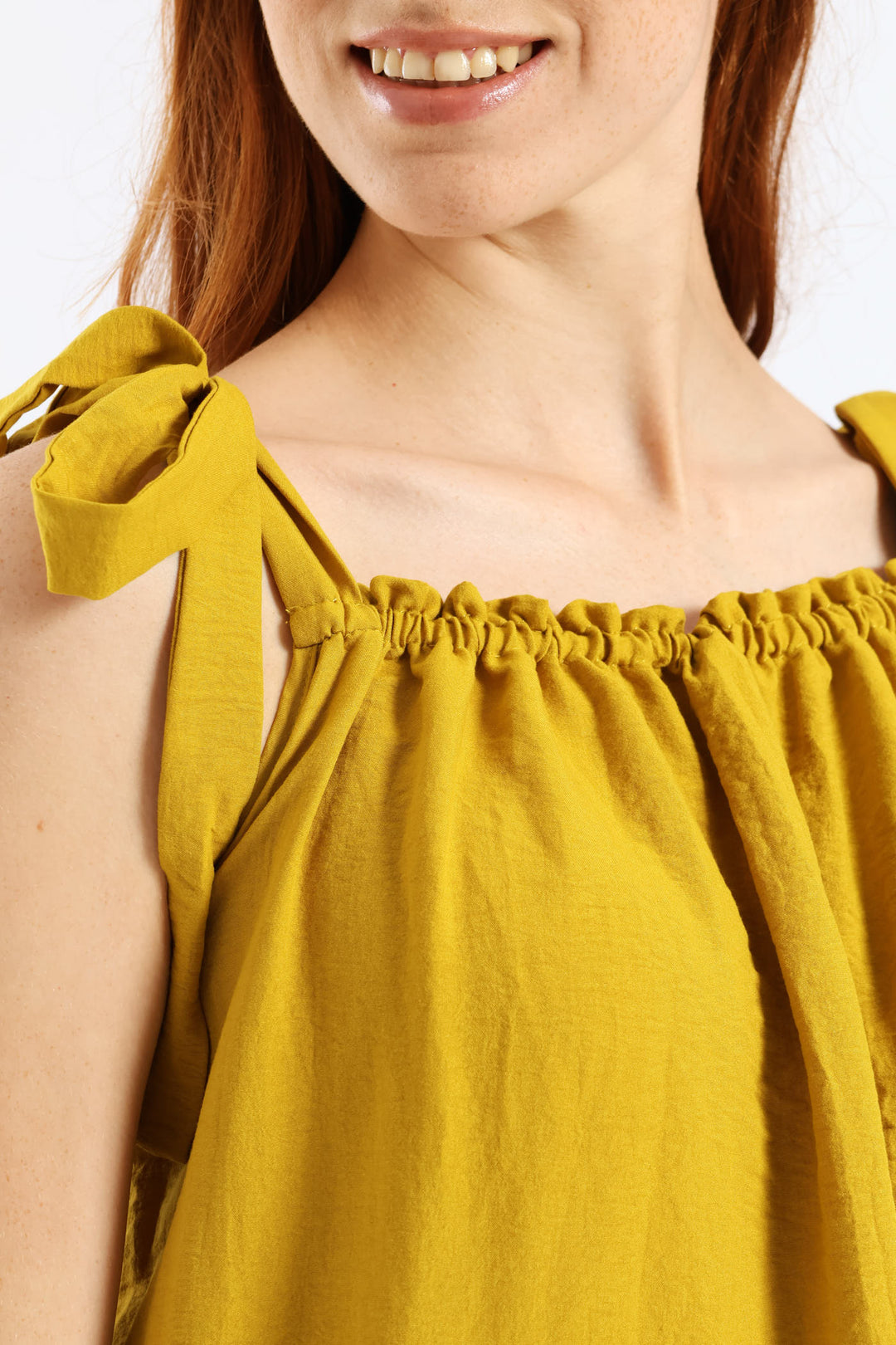 Shoulder Tie Frill Hem Mini Dress - Mustard