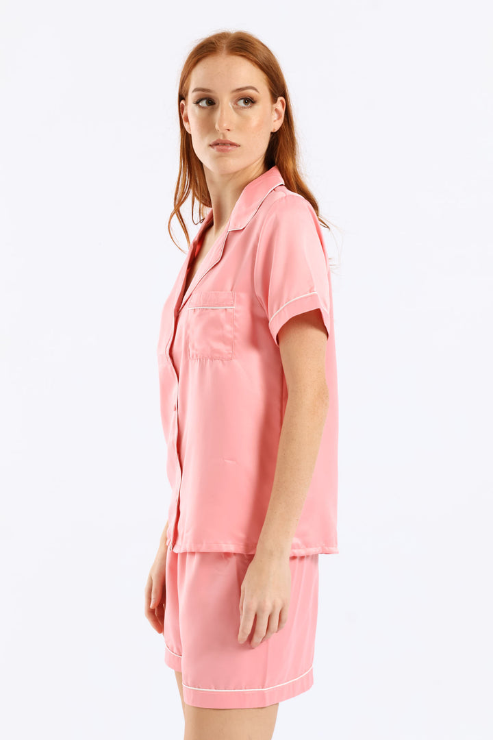 Button Through & Satin Short Set - Salmon