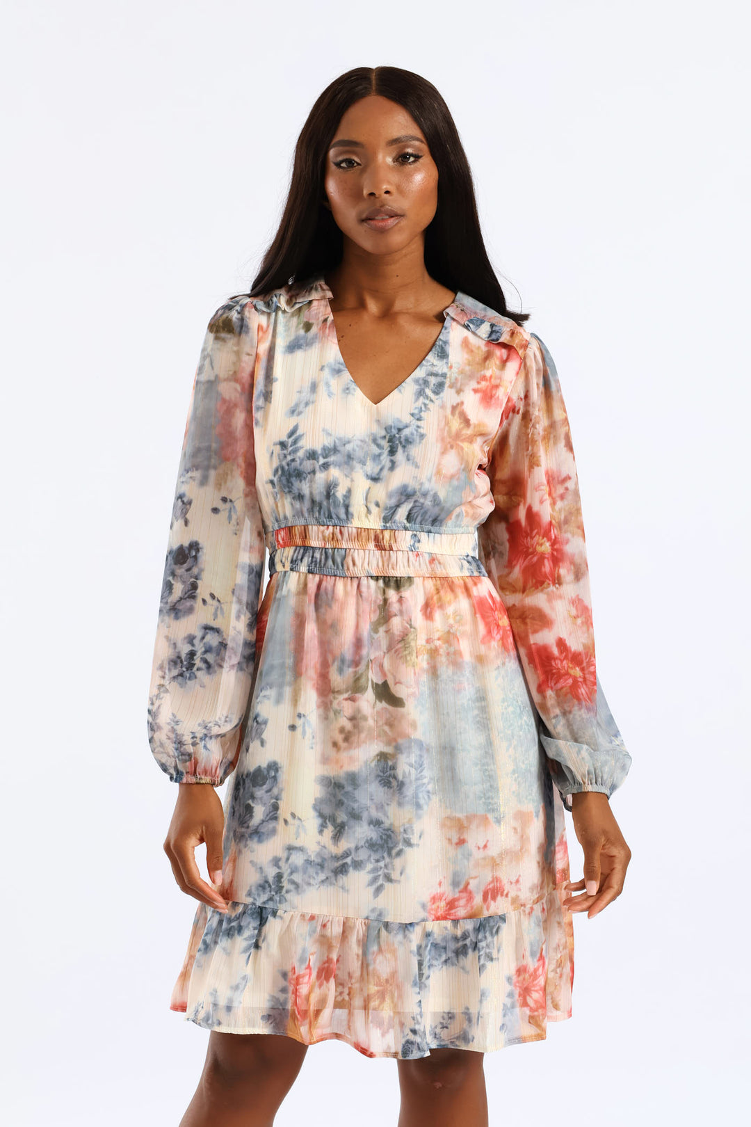 V-Neck Elasticated Waist Tiered Tea Dress - Multi