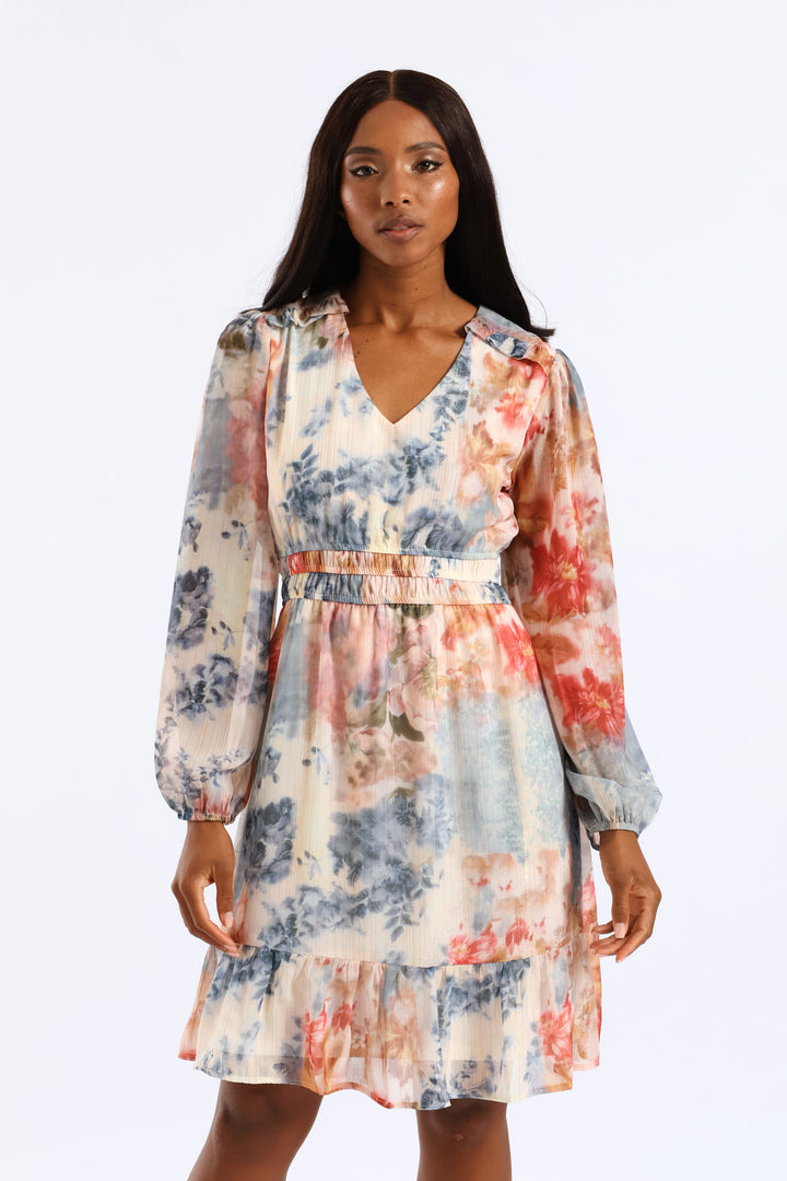 V-Neck Elasticated Waist Tiered Tea Dress - Multi