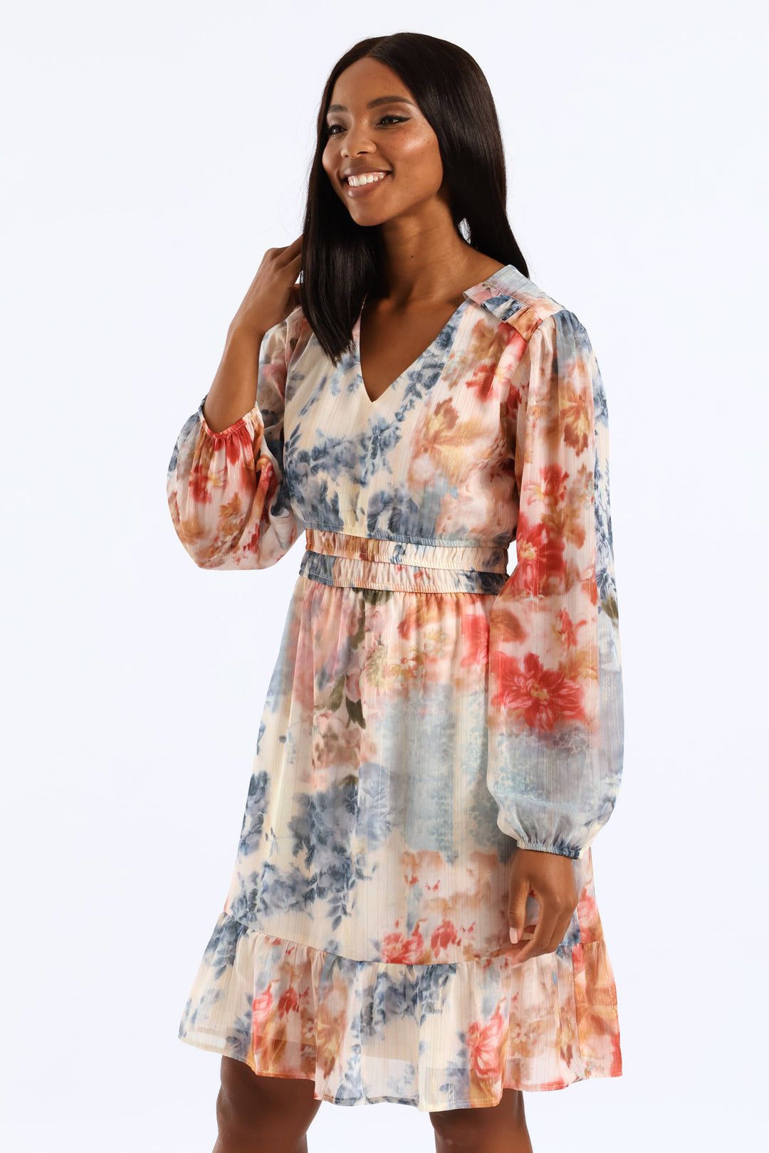 V-Neck Elasticated Waist Tiered Tea Dress - Multi