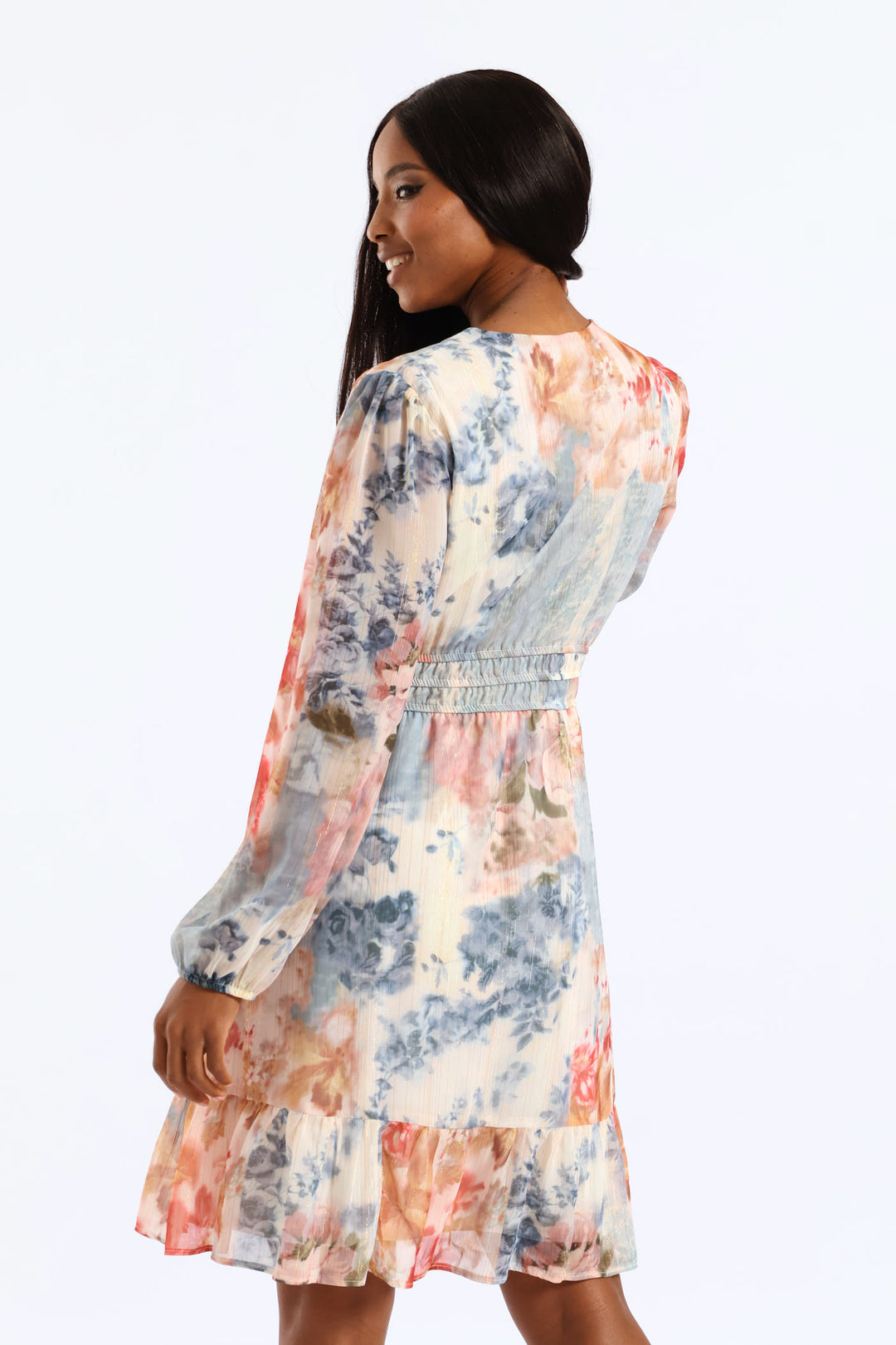 V-Neck Elasticated Waist Tiered Tea Dress - Multi