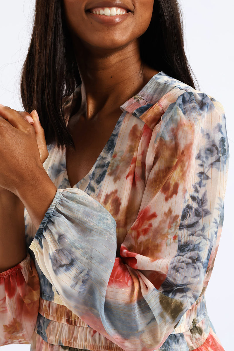 V-Neck Elasticated Waist Tiered Tea Dress - Multi