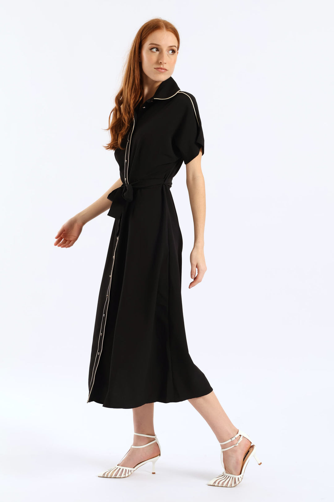 Belted Contrast Tipped Shirt Dress - Black/Cream