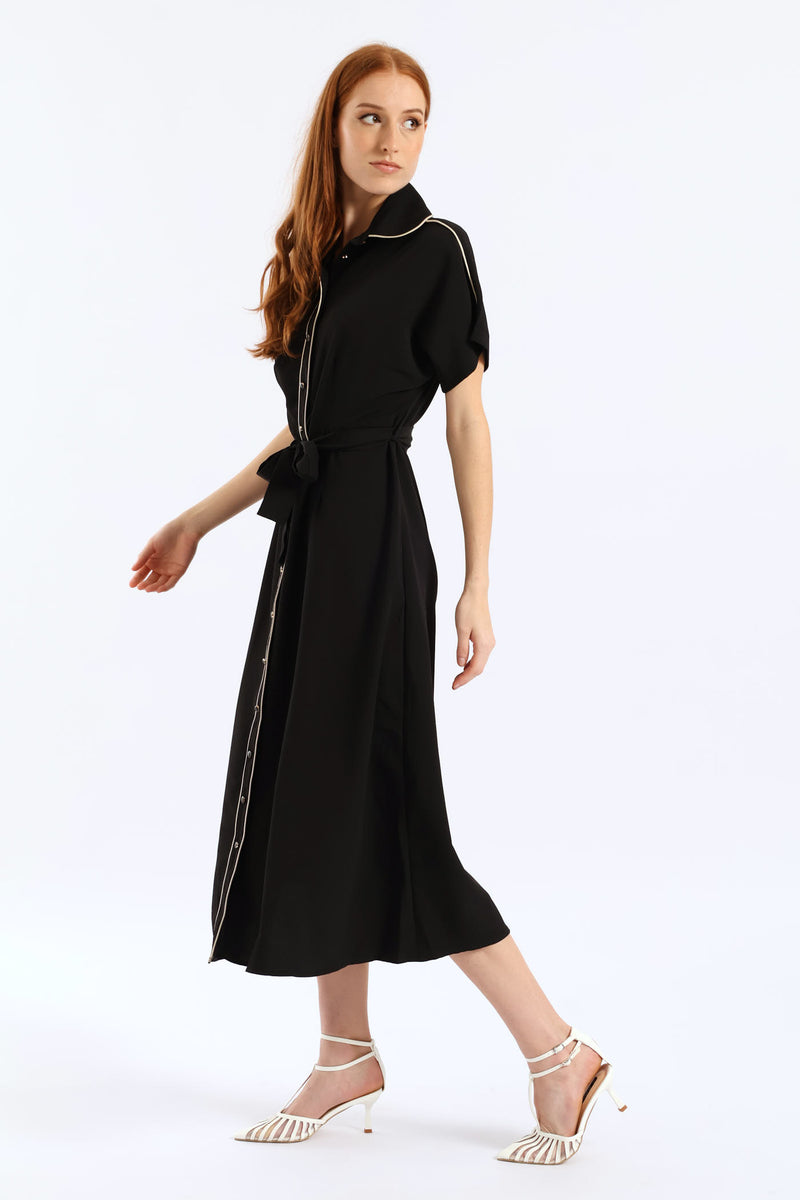 Belted Contrast Tipped Shirt Dress - Black/Cream