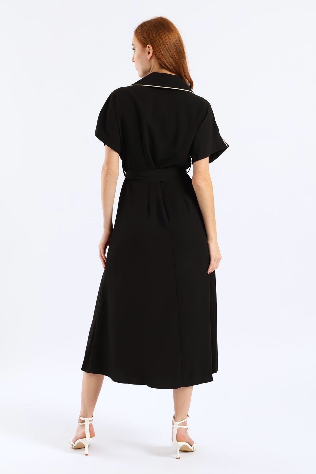 Belted Contrast Tipped Shirt Dress - Black/Cream