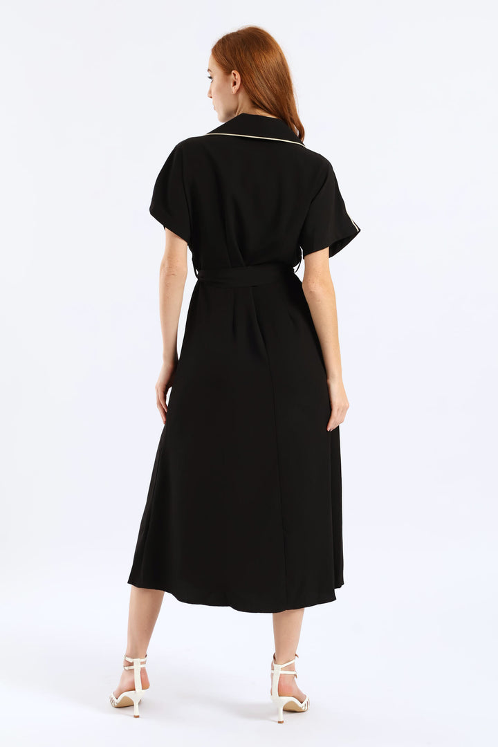 Belted Contrast Tipped Shirt Dress - Black/Cream