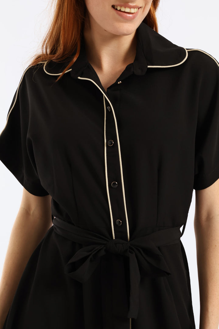 Belted Contrast Tipped Shirt Dress - Black/Cream