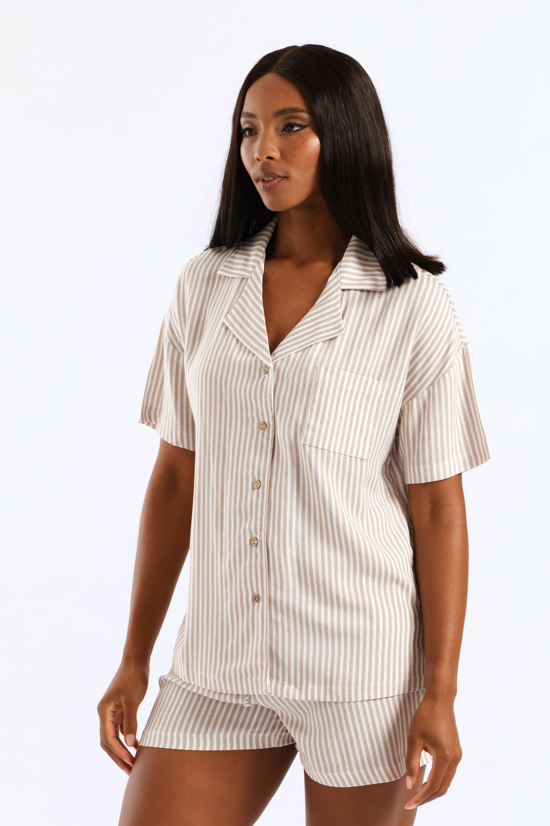 Short Sleeve Stripe Button Through Linen Short Set - Brown