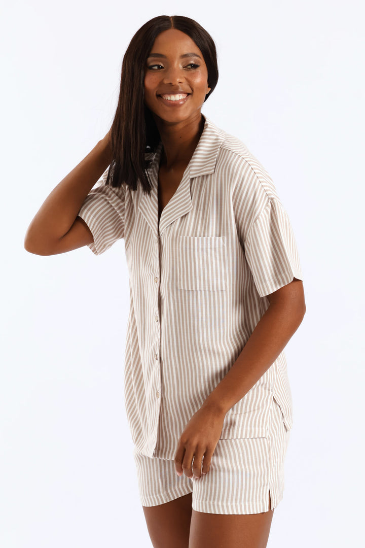 Short Sleeve Stripe Button Through Linen Short Set - Brown