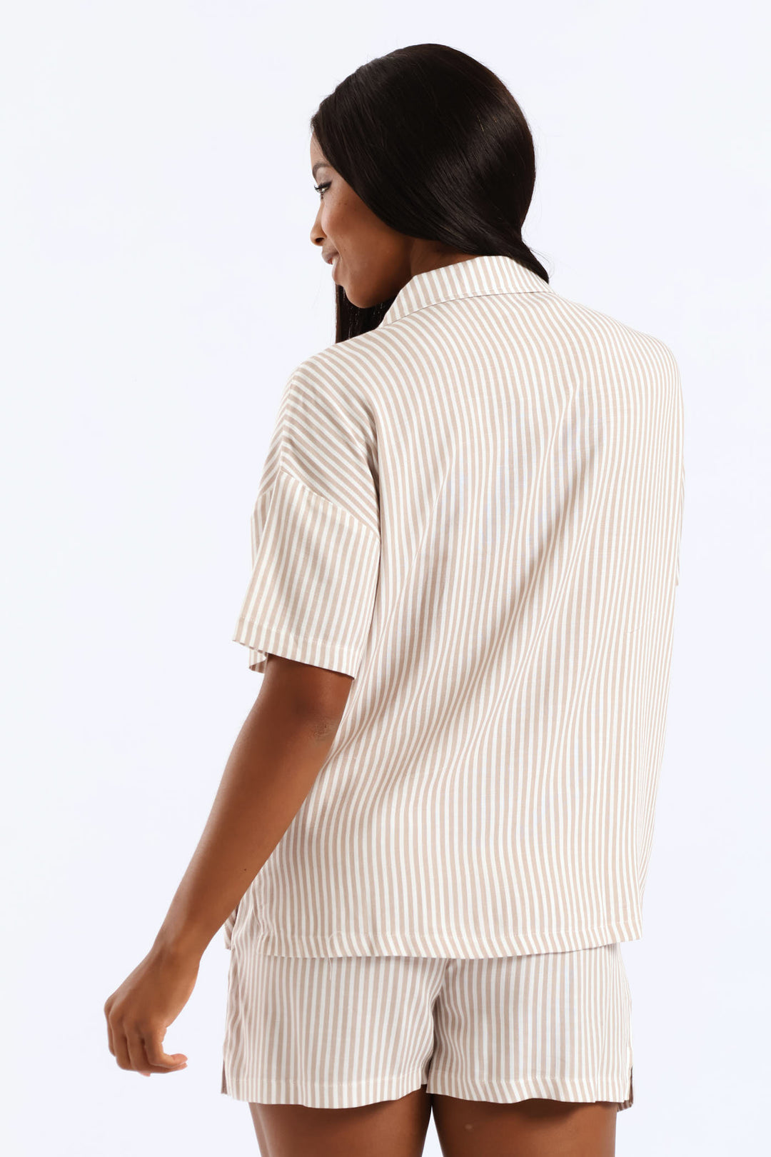 Short Sleeve Stripe Button Through Linen Short Set - Brown