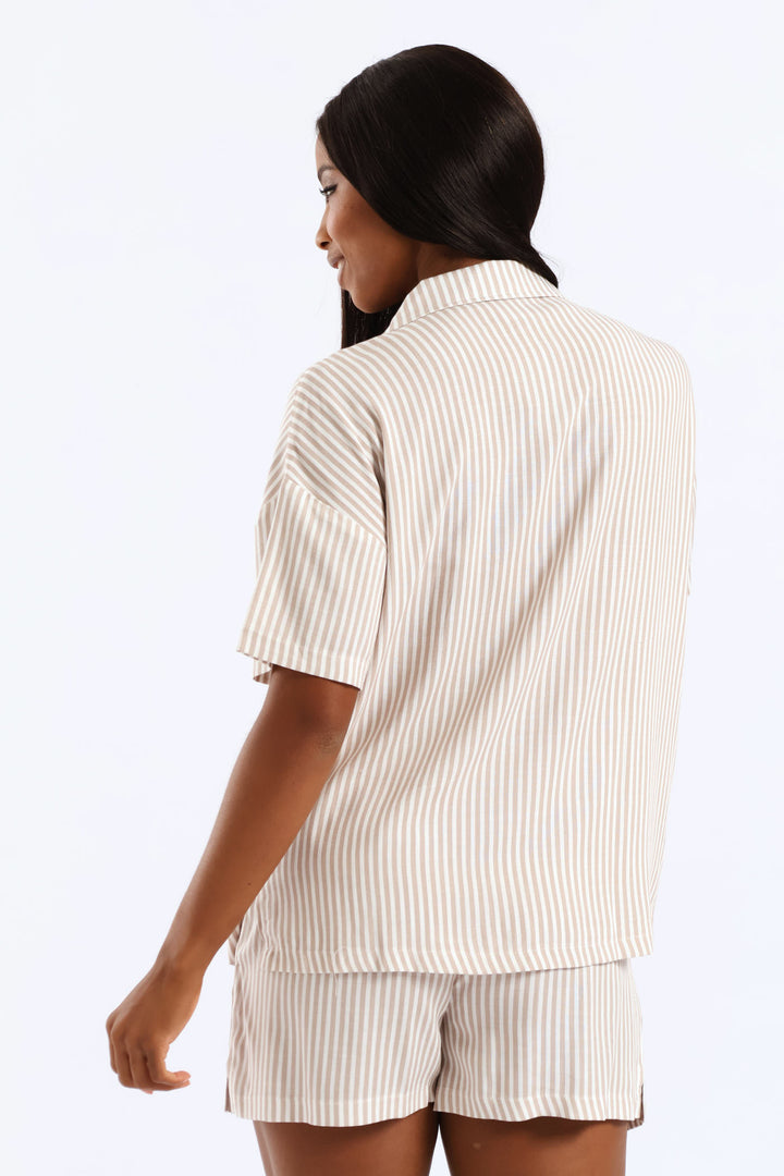 Short Sleeve Stripe Button Through Linen Short Set - Brown