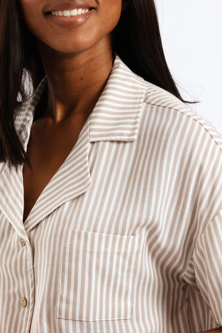 Short Sleeve Stripe Button Through Linen Short Set - Brown