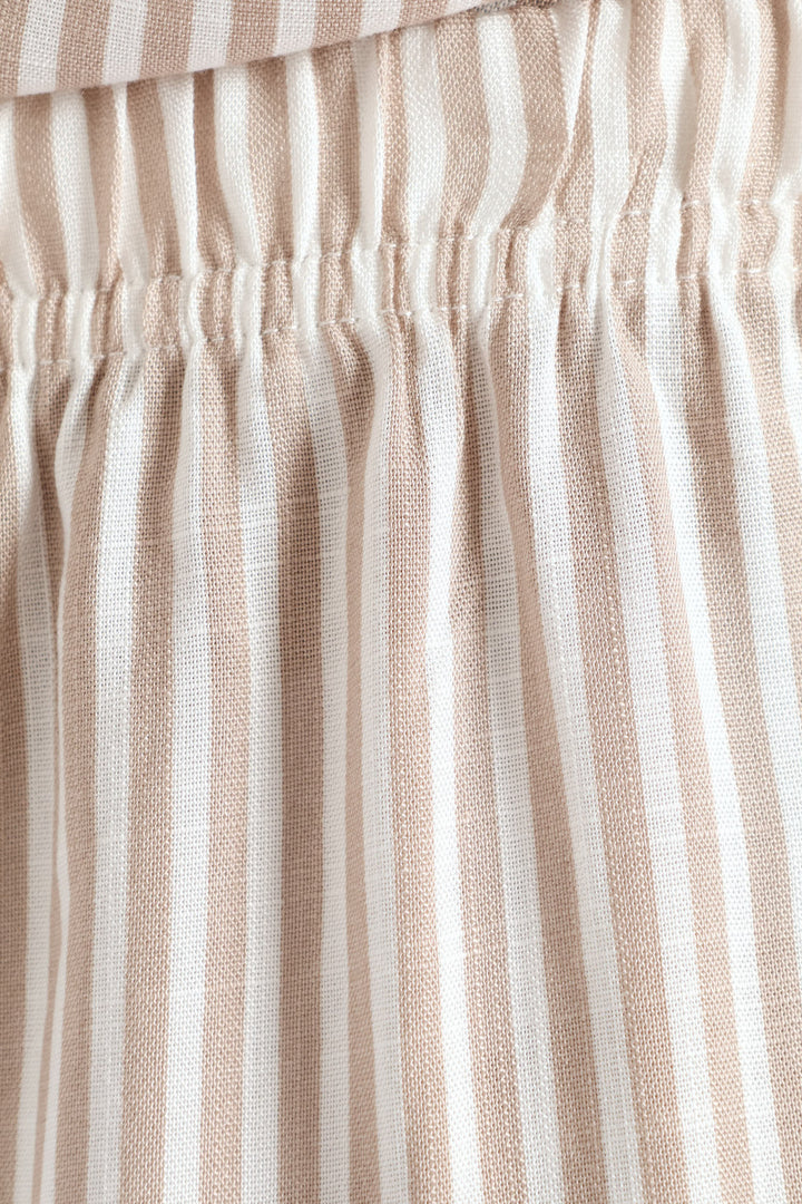 Short Sleeve Stripe Button Through Linen Short Set - Brown