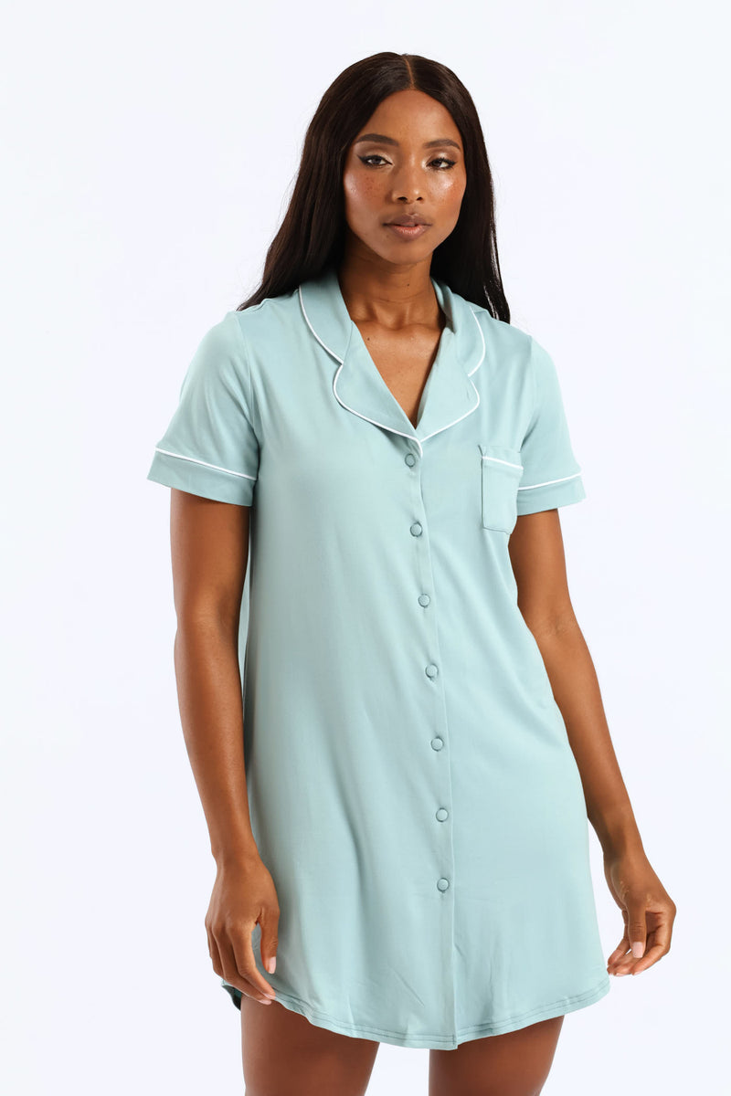 Button Through Sleepshirt - Duck Egg
