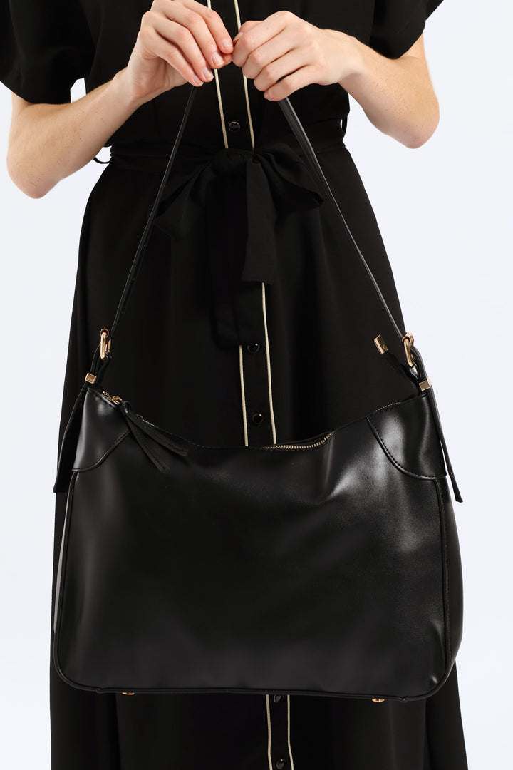 Buckle Detail Shoulder Bag - Black