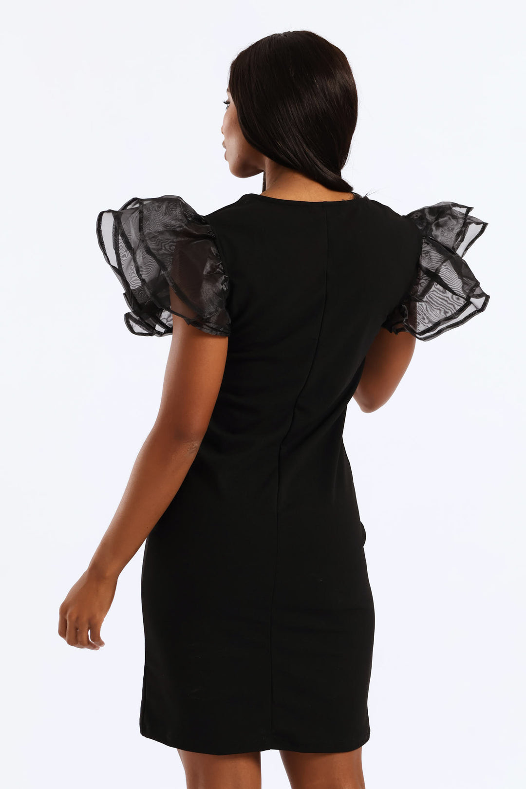 Ruffle Sleeve Combo Bodycon Dress - Black