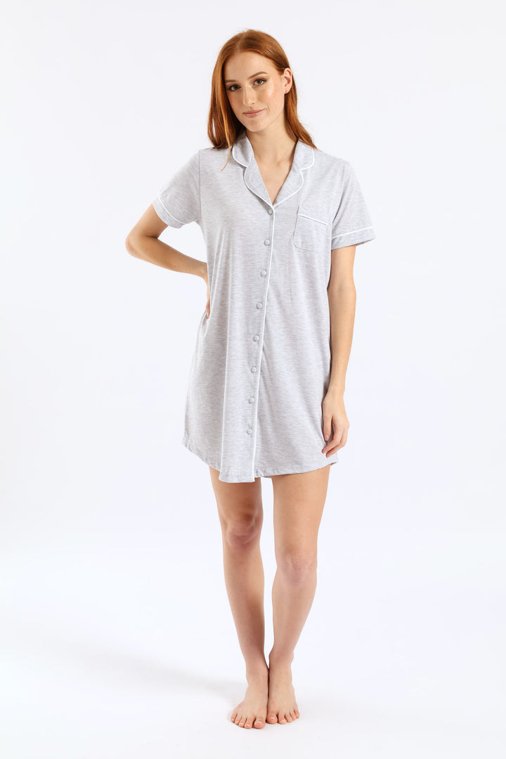 Button Through Knit Sleepshirt - Grey Melange