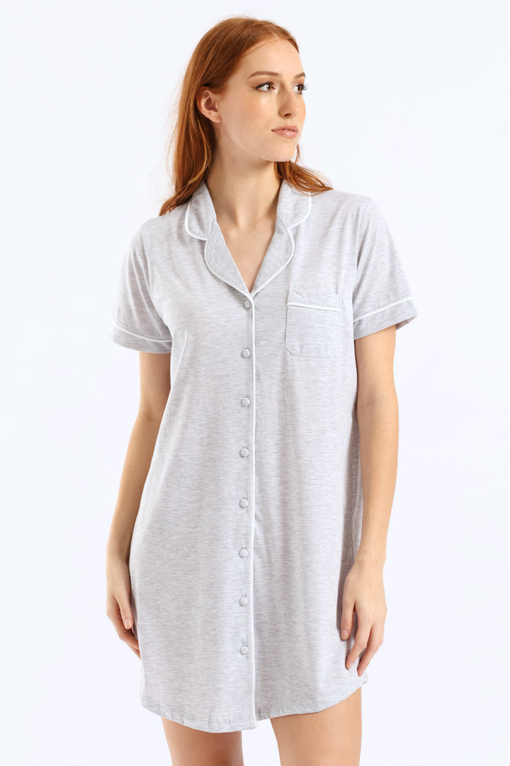 Button Through Knit Sleepshirt - Grey Melange