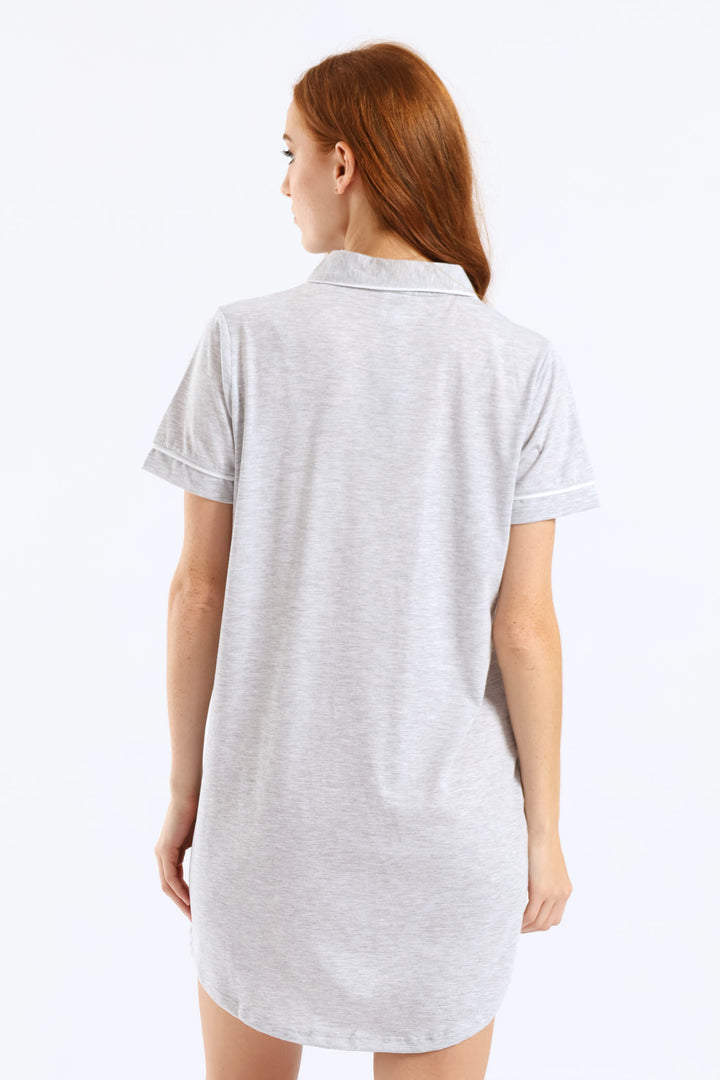 Button Through Knit Sleepshirt - Grey Melange