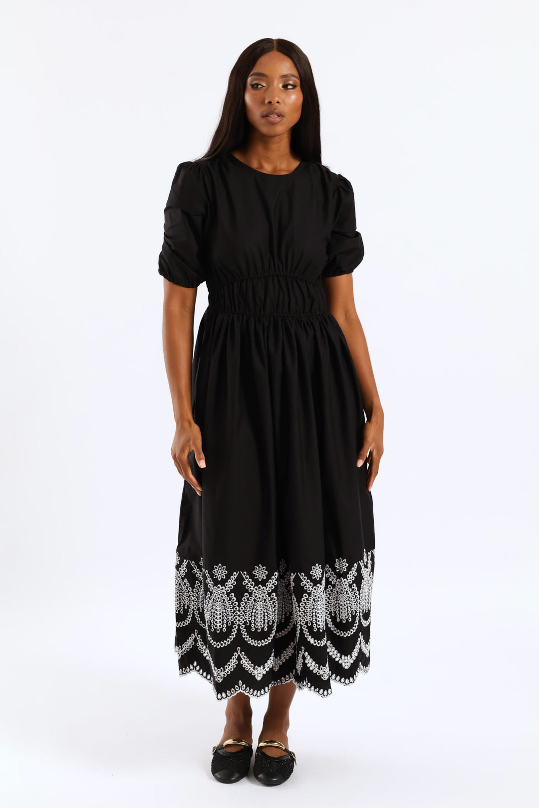 Bubble Sleeve Anglaise Hem Fit & Flare Midi Dress - White/Black