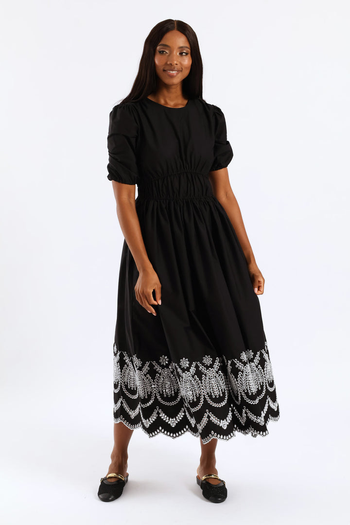 Bubble Sleeve Anglaise Hem Fit & Flare Midi Dress - White/Black