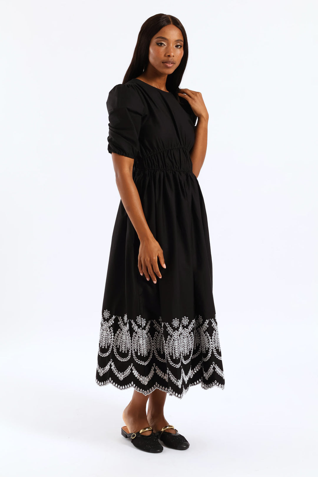 Bubble Sleeve Anglaise Hem Fit & Flare Midi Dress - White/Black