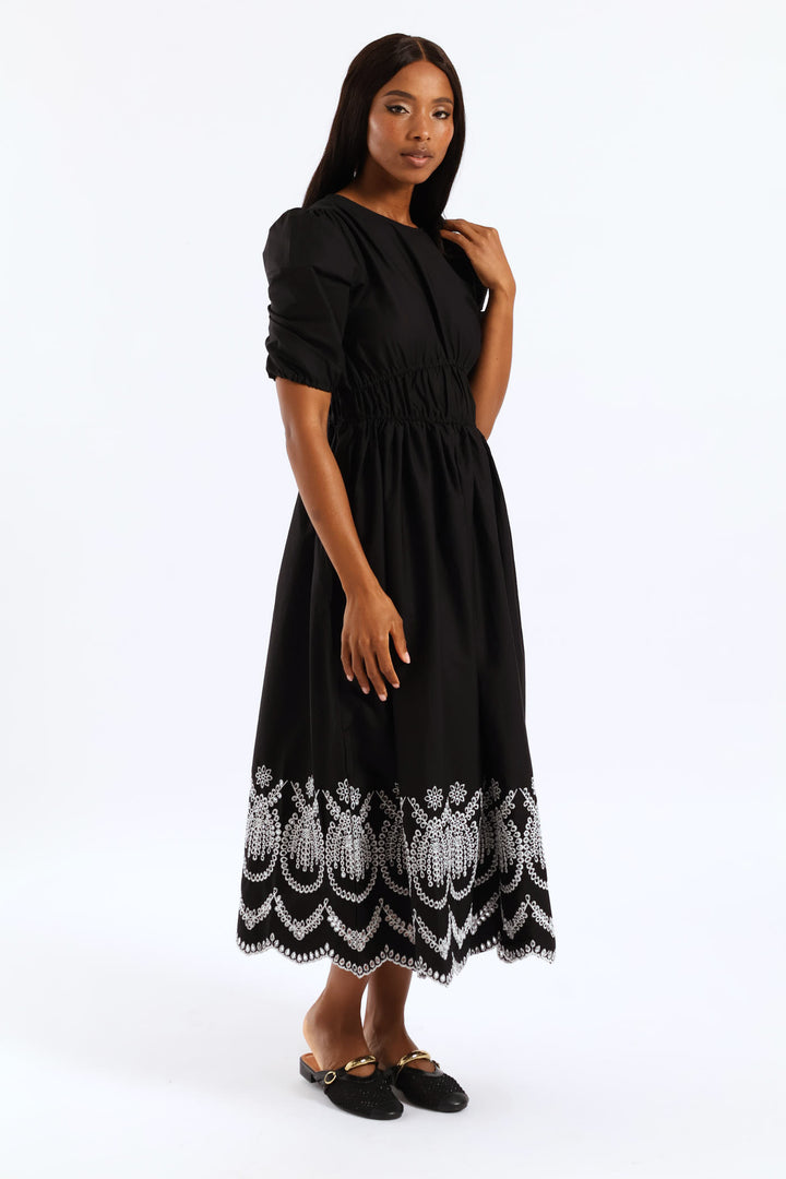 Bubble Sleeve Anglaise Hem Fit & Flare Midi Dress - White/Black