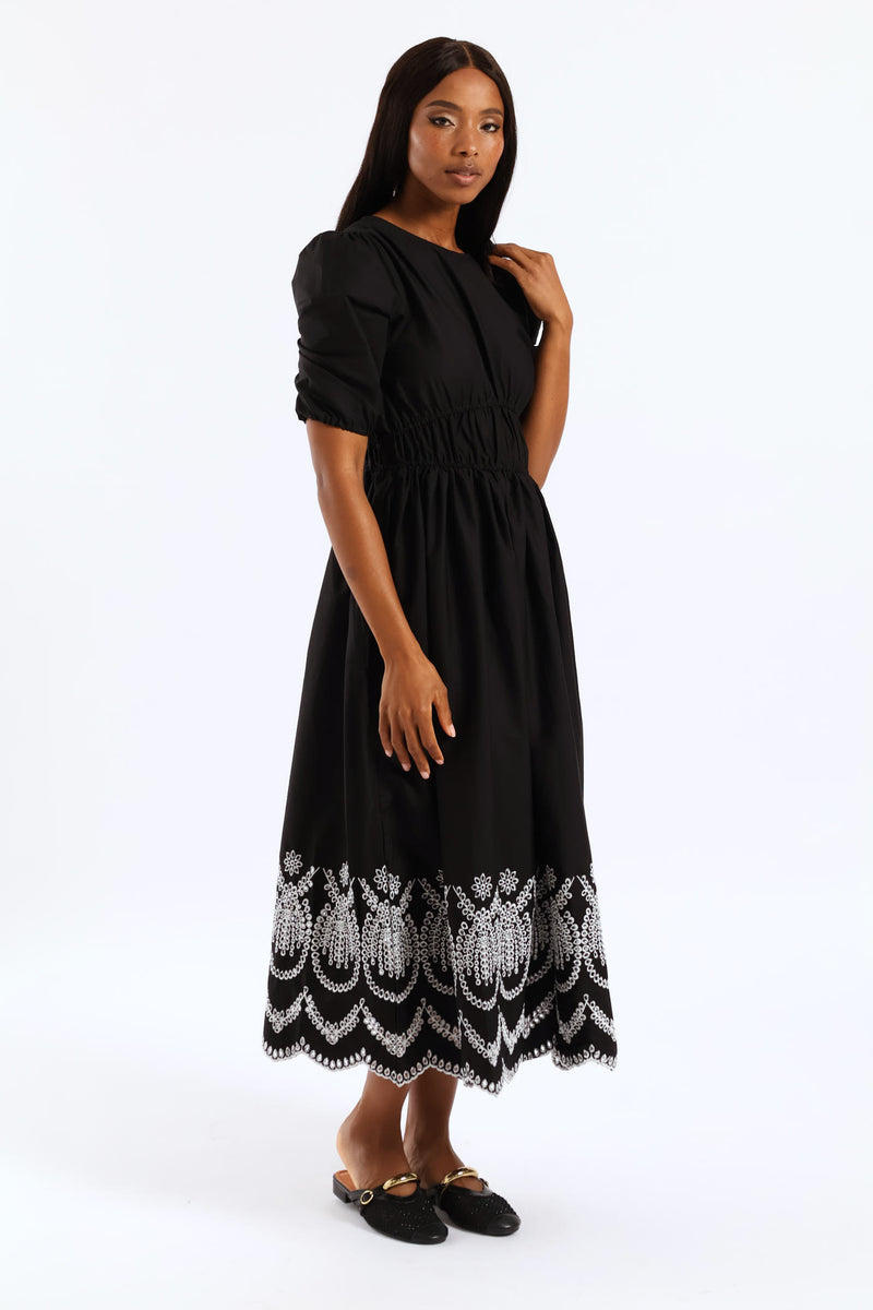 Bubble Sleeve Anglaise Hem Fit & Flare Midi Dress - White/Black